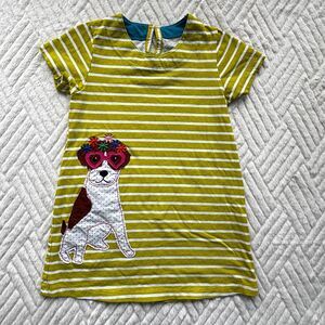 Girls Size 4Y Yellow Stripe Dog Applique Dress Short Sleeve Cotton Cute